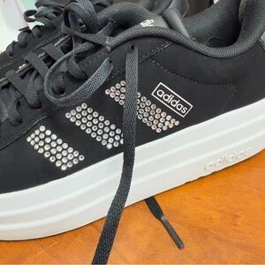 Adidas VL Court Bold Platform Sneakers Black White Rhinestone Stripes Low Top